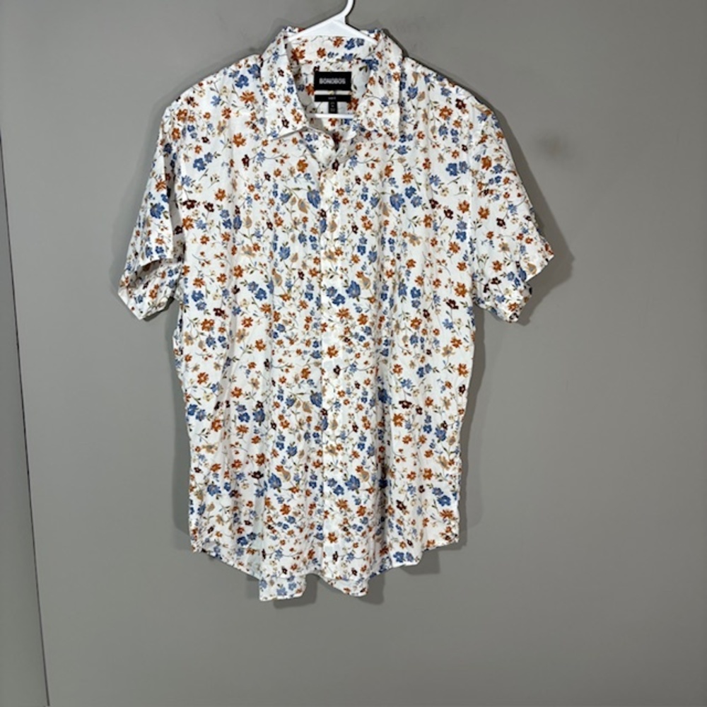 Bonobos Shirt Mens XL White Floral Print Short Sleeve Button Up Slim Fit